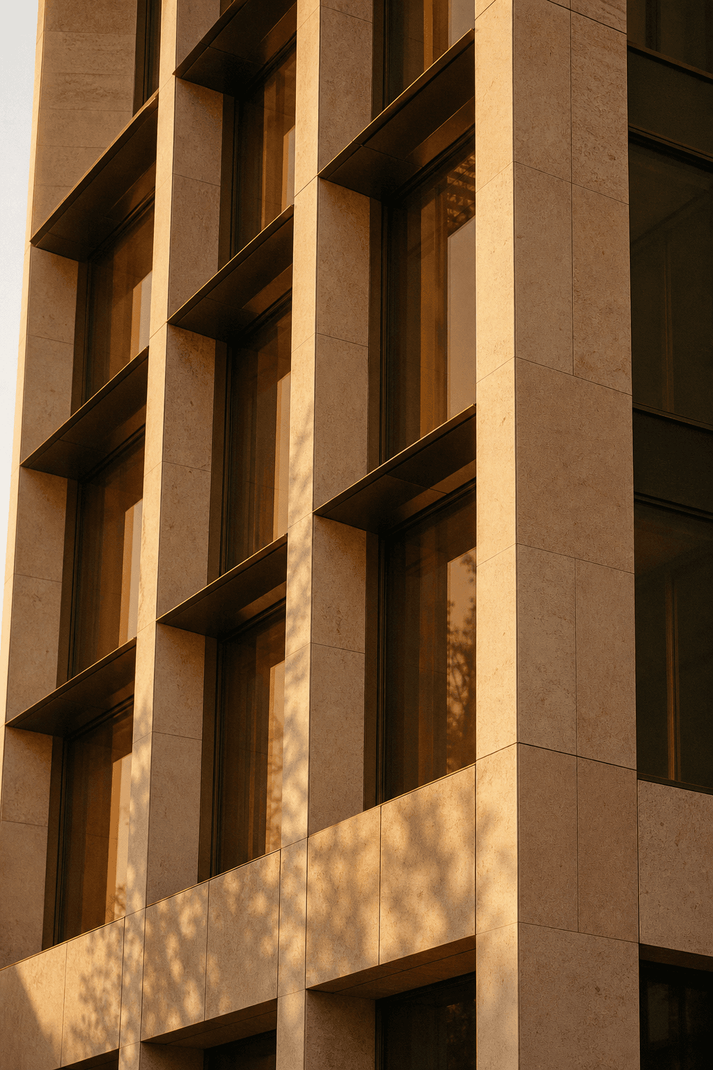 Warm stone and glass architectural facade in late-afternoon light