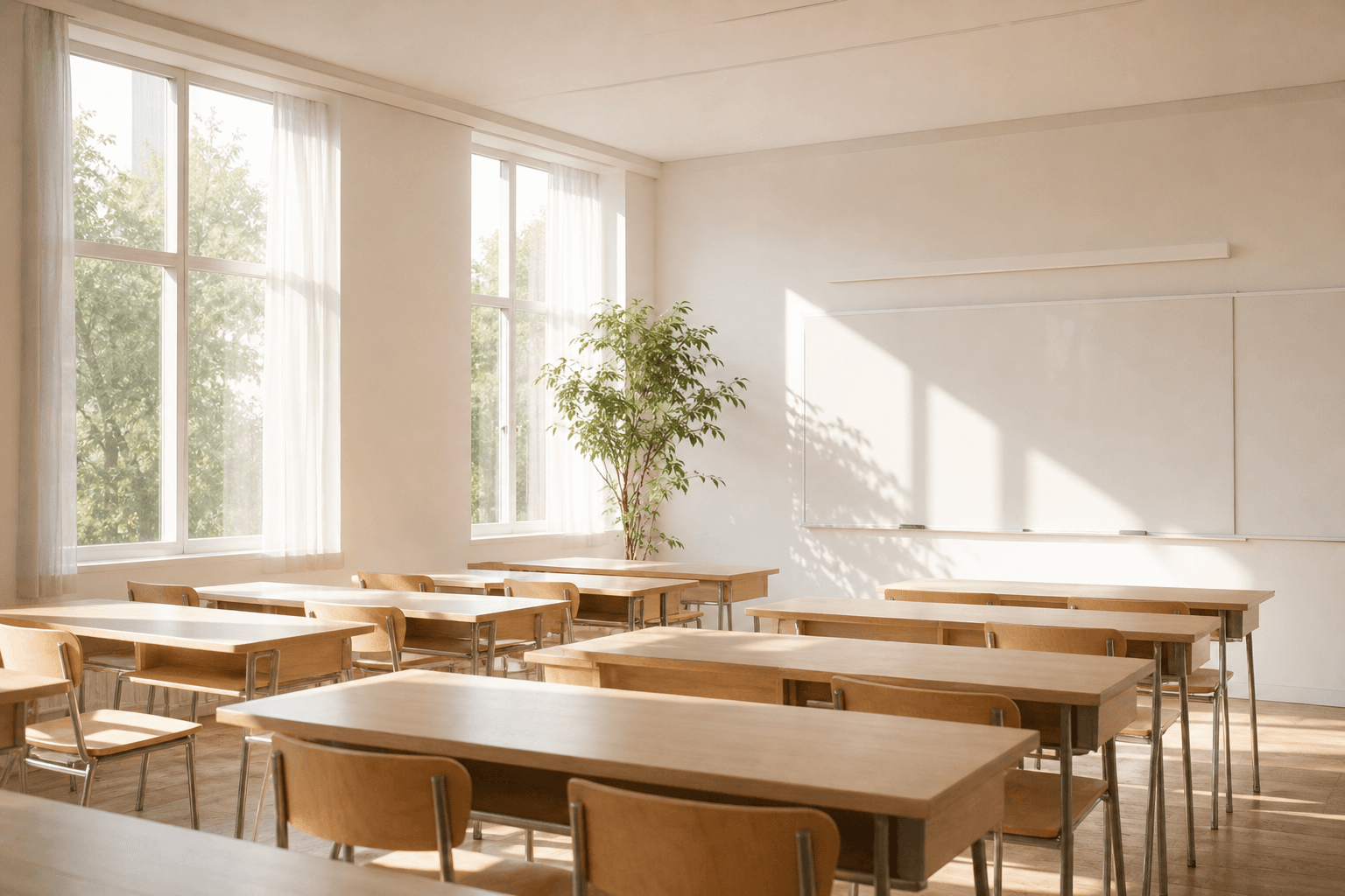 Sunlit classroom with wooden desks in warm morning light