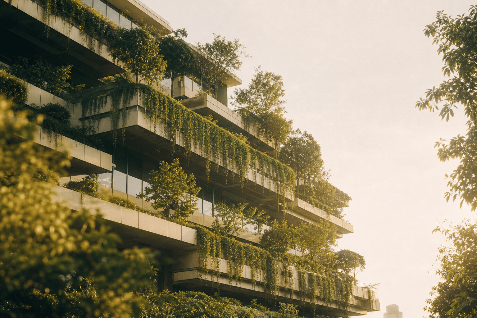 Modern building facade with cascading greenery in afternoon sun