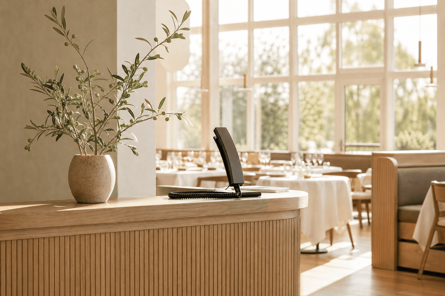Restaurant reception counter with a telephone in bright daylight