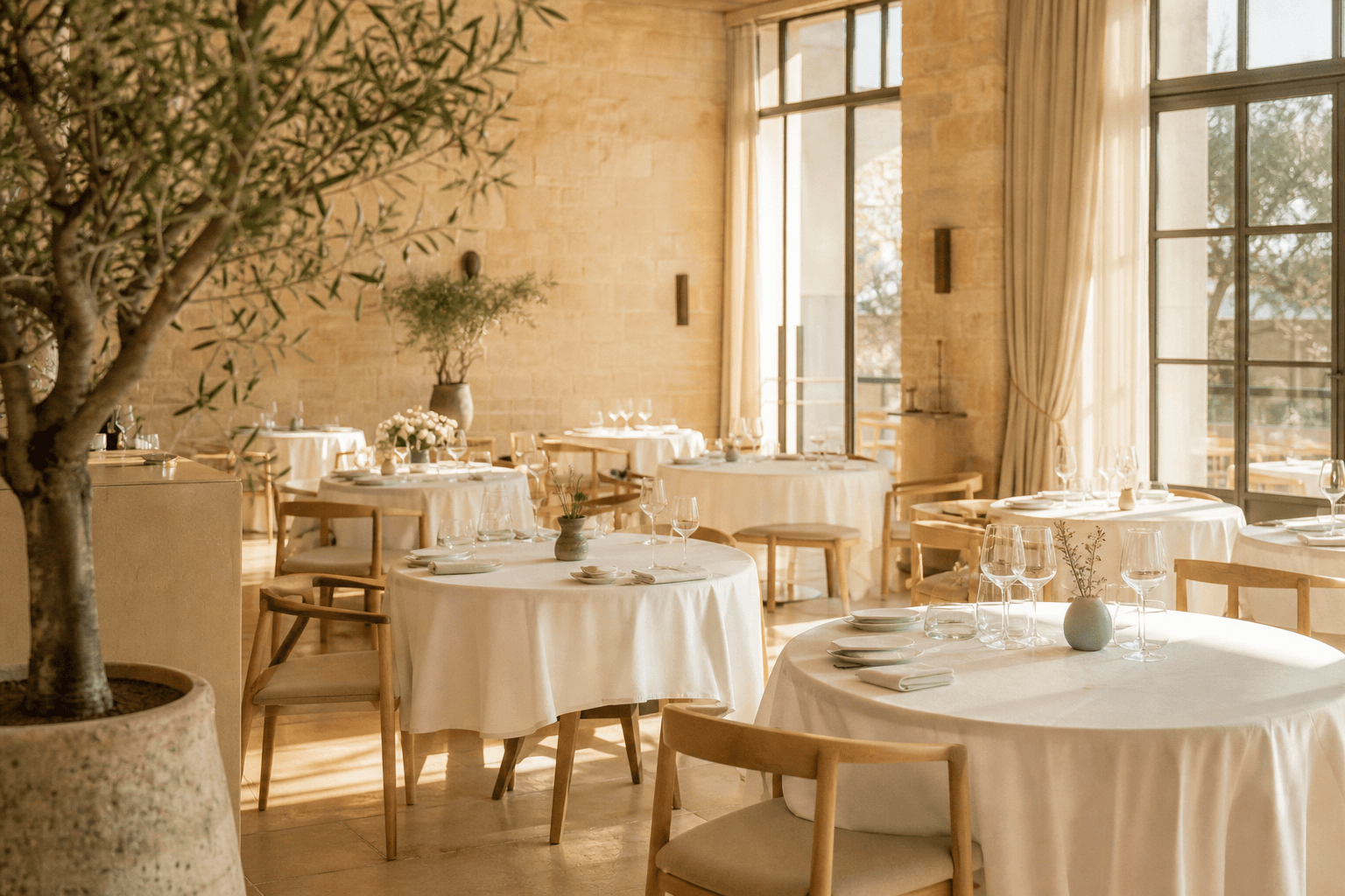Elegant dining room with white linen in warm daylight