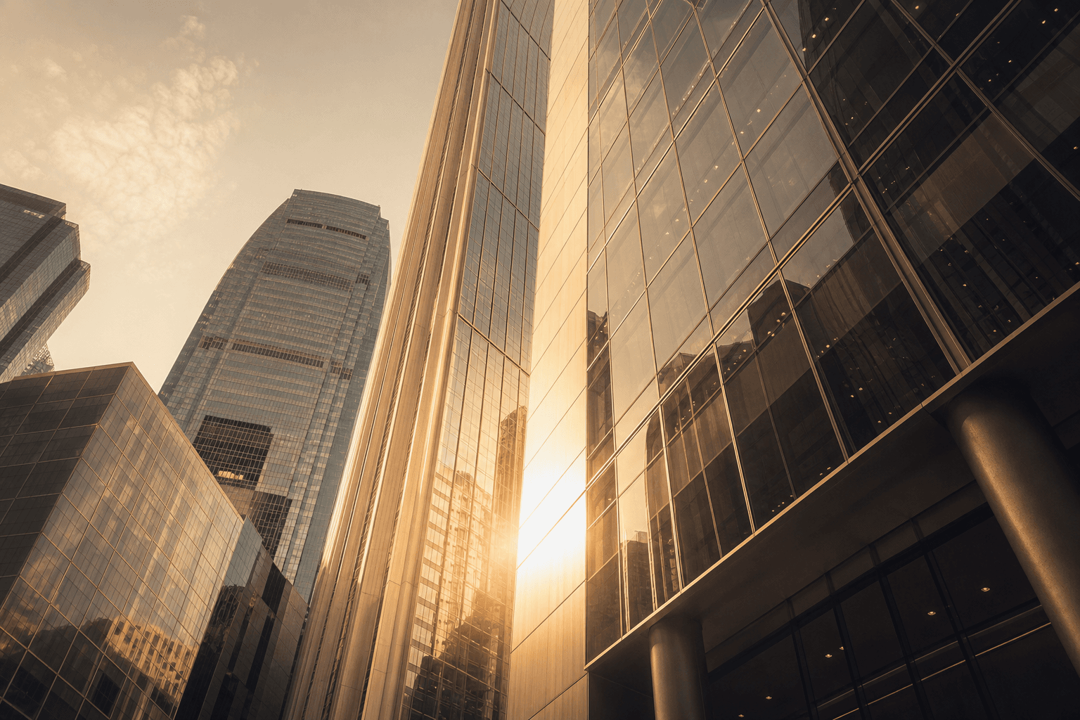 Glass office towers in golden-hour light