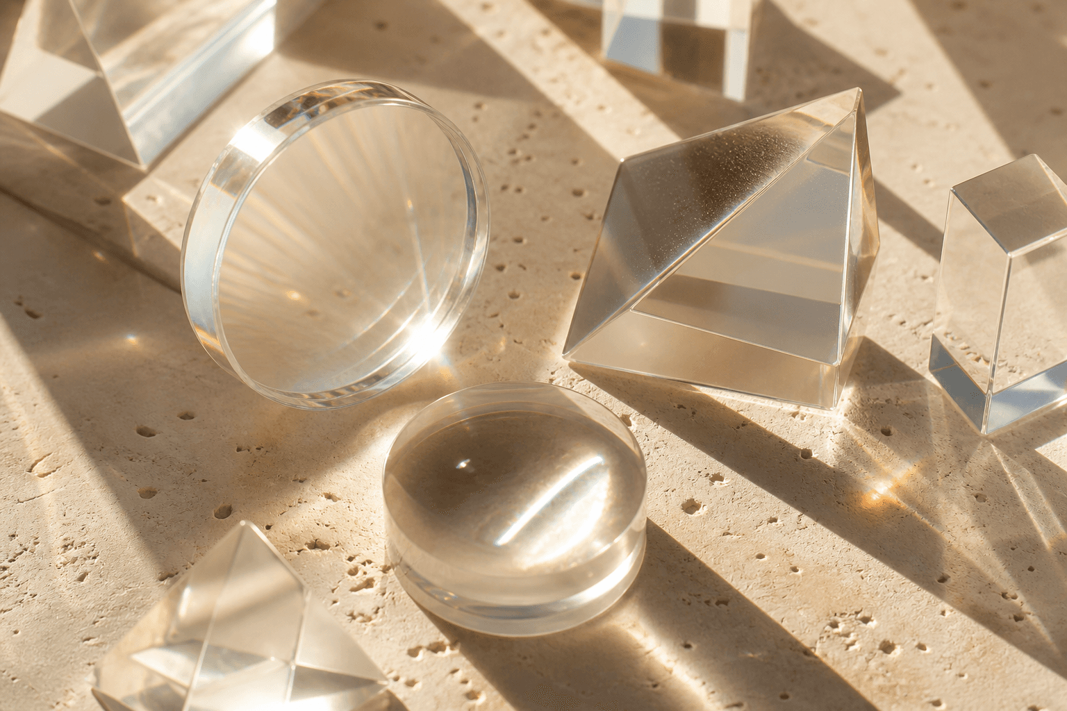 Glass prisms and lenses refracting warm sunlight on pale stone