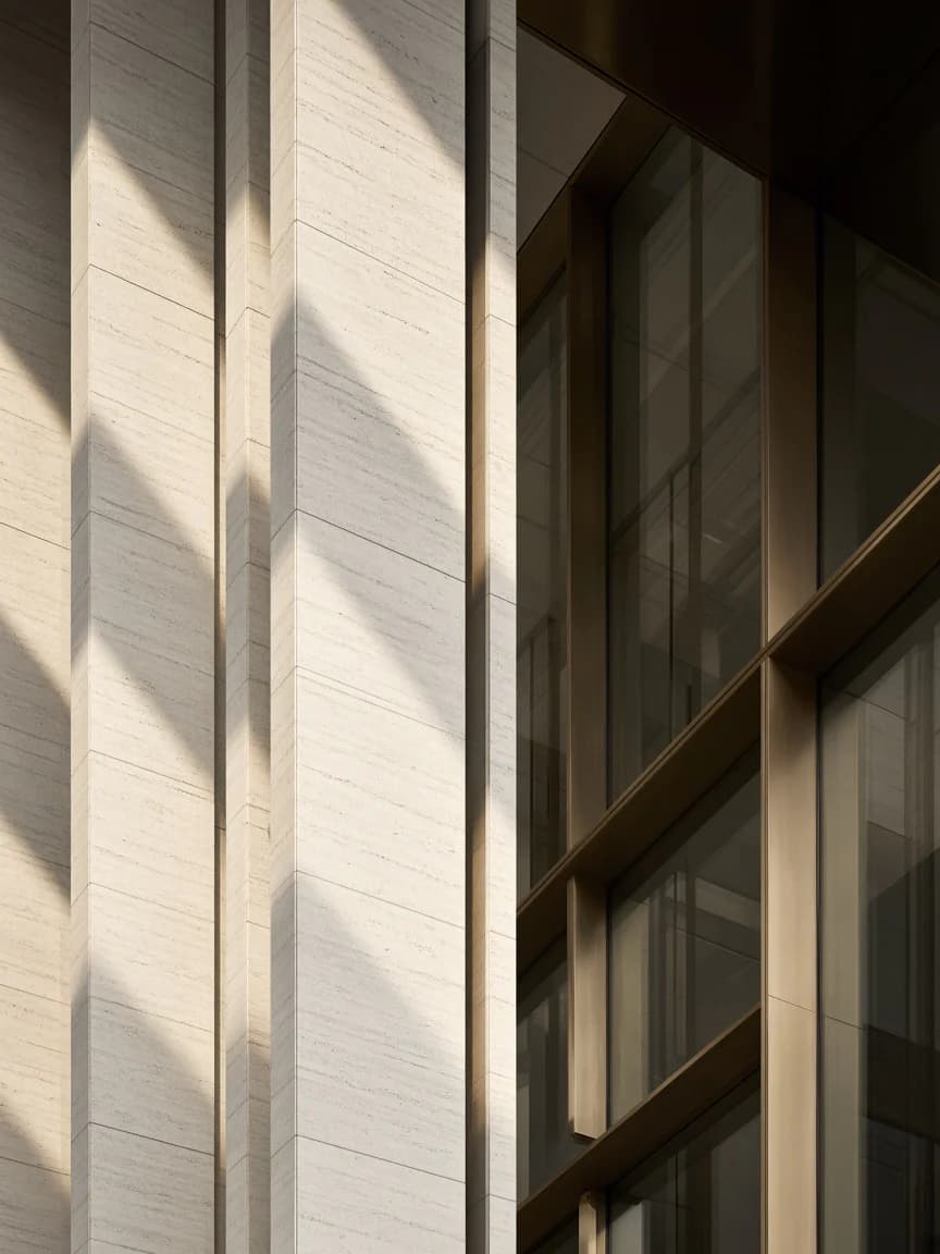 Limestone and bronze architecture in warm light