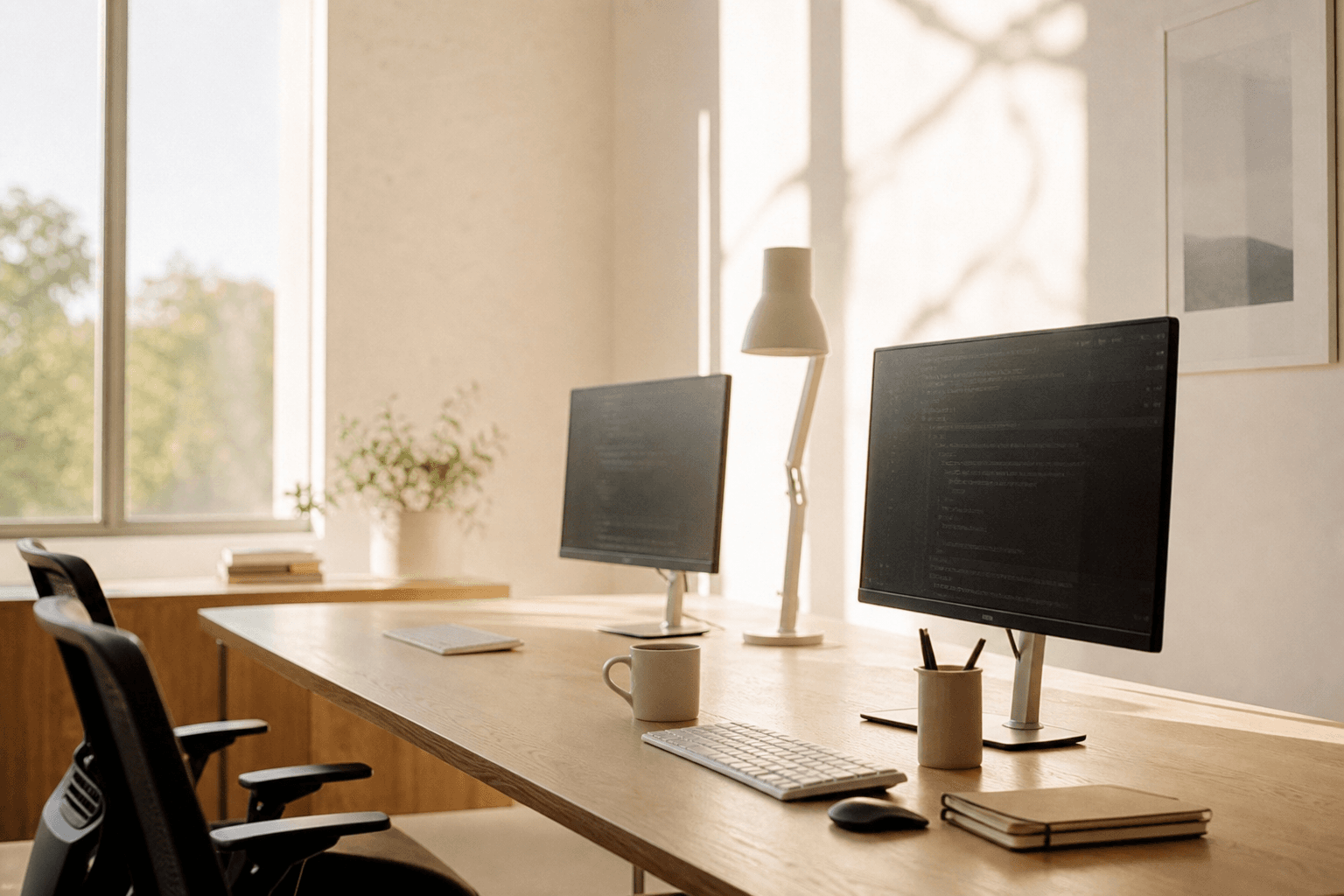 Bright technology studio with code on screens in warm daylight